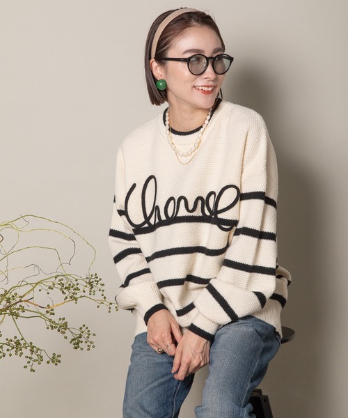 【セール】刺繍モチーフ ボーダー オーバーニット（ニット/セーター）｜MHBG TOKYO（エムエイチビージートーキョー）