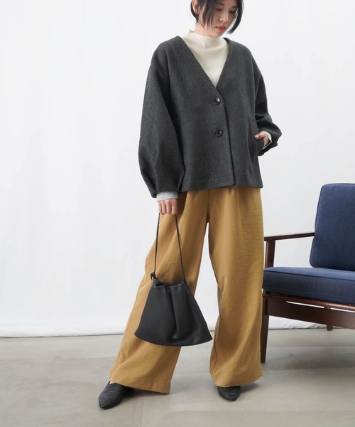 【セール】LC/LLL 袖タックVネックジャケット / 袖ボリュームウールライクショートジャケット（ノーカラージャケット）｜LUCA/LADY LUCK LUCA（ルカ/レディラックルカ）