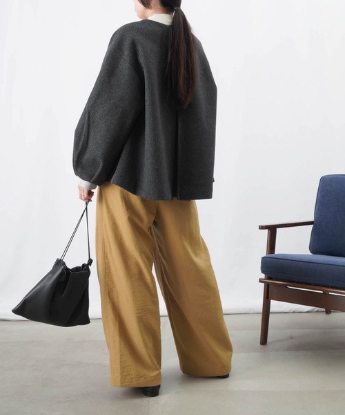 【セール】LC/LLL 袖タックVネックジャケット / 袖ボリュームウールライクショートジャケット（ノーカラージャケット）｜LUCA/LADY LUCK LUCA（ルカ/レディラックルカ）