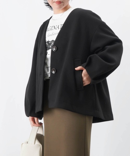 【セール】LC/LLL 袖タックVネックジャケット / 袖ボリュームウールライクショートジャケット（ノーカラージャケット）｜LUCA/LADY LUCK LUCA（ルカ/レディラックルカ）