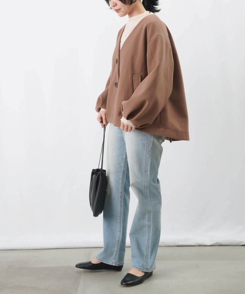 【セール】LC/LLL 袖タックVネックジャケット / 袖ボリュームウールライクショートジャケット（ノーカラージャケット）｜LUCA/LADY LUCK LUCA（ルカ/レディラックルカ）