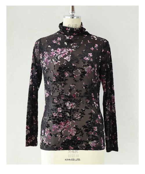 レオナール✨トップス カットソー カンカン 伸縮性 トリム 花 黒 ピンク M 黒）輝くような花柄浮かぶもっちり伸びるシアーカットソー