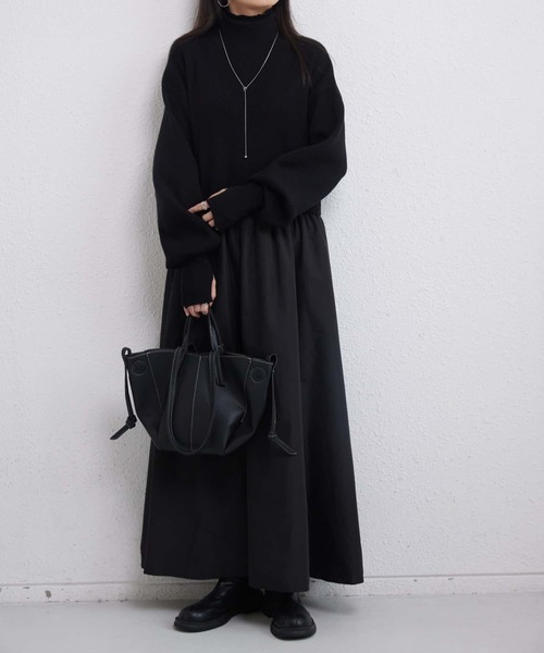セール】タートルネック 切り替えニットロングワンピース（ワンピース