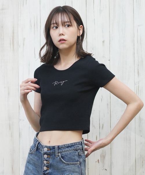 ROXY(ロキシー)の「ROXY/ロキシー ラインストーンロゴ ミニTシャツ RST251649M(Tシャツ/カットソー・レディース・ホワイト/グレー/ライトピンク/ライトブルー/ブラック・L/M)」の1枚目の写真