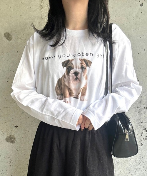 merrylatte(メリーラテ)の「犬プリントロングTシャツ(Tシャツ/カットソー・レディース・ホワイト・MEDIUM)」の1枚目の写真