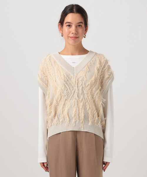 BAYFLOW（ベイフロー）の「フリンジVネックニットベスト（ベスト・レディース・グリーン/グレイッシュベージュ/チャコール・FREE）」の14枚目の写真