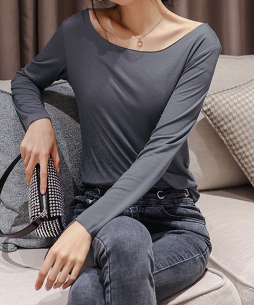 Miniministore（ミニミニストア）の「レディースインナー長袖 タイトカットソー（Tシャツ/カットソー・レディース・ブラック/モカ/ブラウン/ピンク/ホワイト/ライトベージュ/ブルーグレー・L/M）」の3枚目の写真