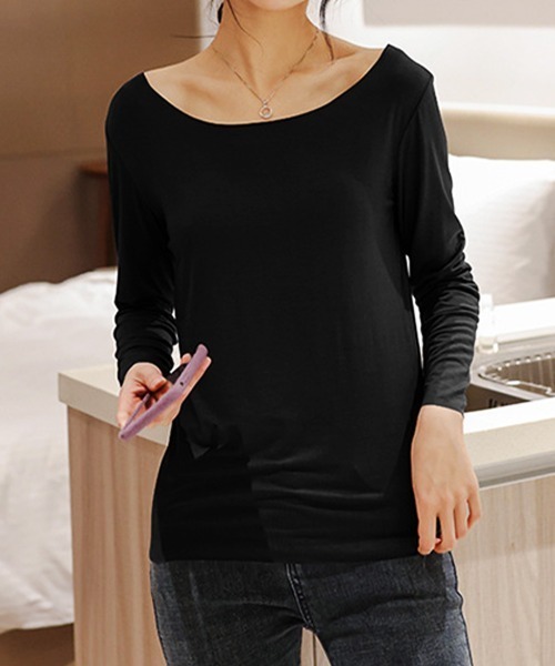 Miniministore（ミニミニストア）の「レディースインナー長袖 タイトカットソー（Tシャツ/カットソー・レディース・ブラック/モカ/ブラウン/ピンク/ホワイト/ライトベージュ/ブルーグレー・L/M）」の2枚目の写真