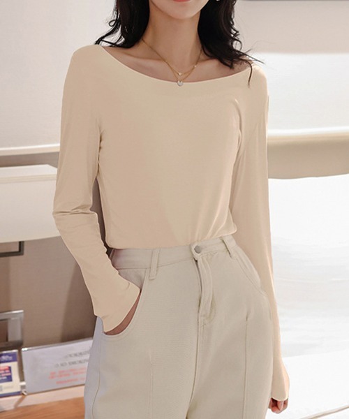 Miniministore（ミニミニストア）の「レディースインナー長袖 タイトカットソー（Tシャツ/カットソー・レディース・ブラック/モカ/ブラウン/ピンク/ホワイト/ライトベージュ/ブルーグレー・L/M）」の14枚目の写真
