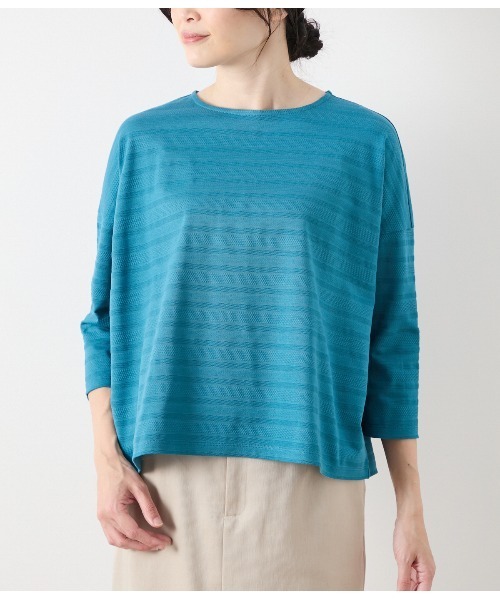 NEWYORKER(ニューヨーカー)の「コットンポリエステルボーダー ボートネック7分袖プルオーバー(Tシャツ/カットソー・レディース・ホワイト/グリーン系その他3・M/L)」の3枚目の写真