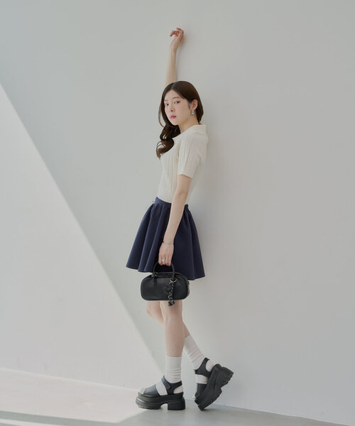 chico ポロニット　ネイビー Chico ニット セーター ケーブルポロ半袖ニット レディース