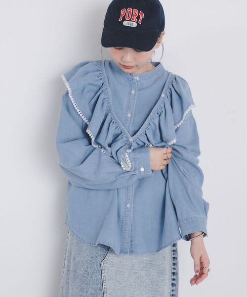 kivi(キヴィ)の「frills denim shirts(シャツ/ブラウス・レディース・ライトブルー/ダークブルー・FREE)」の1枚目の写真