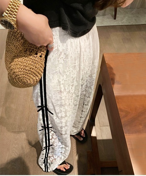セール】花柄刺繍レースサイドリボンワイドパンツ（その他パンツ
