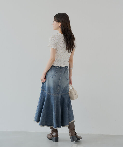 2サイズ展開】裾フリンジタイトフレアデニムスカート（スカート