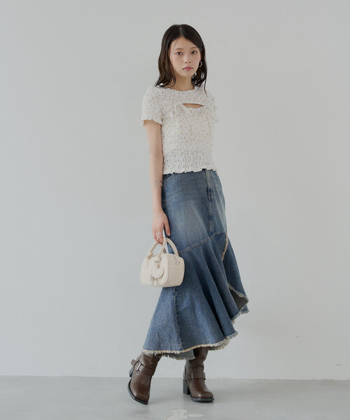 MSGM：イタリア製【ホワイトデニム／フリル＆フリンジ】バックジップスカート セール 50%OFF】アシメギャザーマーメイドデニムスカート