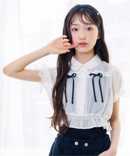 algy（アルジー）の「シアーりぼんブラウス（シャツ/ブラウス・キッズ・オフホワイト/ブラック・XX-SMALL/X-SMALL/MEDIUM/SMALL）」の2枚目の写真