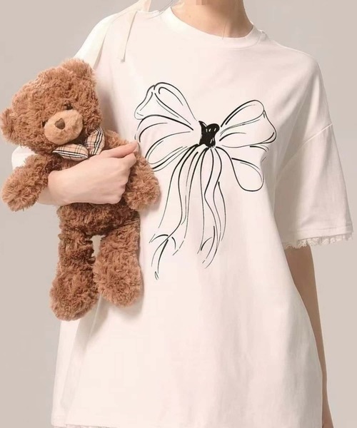 セール】レース切り替えビッグサイズリボンプリントTシャツ（T