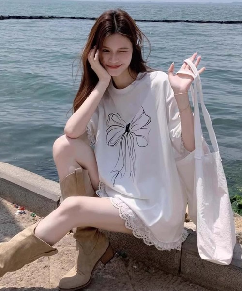 セール】レース切り替えビッグサイズリボンプリントTシャツ（T