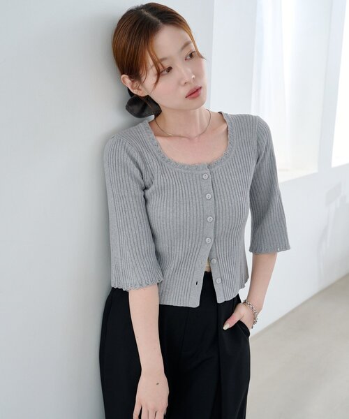 ニット セーター 「WEB先行/2WAY/4色展開」リブニットスクエアレースカーデ レディース WEB先行/2WAY/4色展開】リブニットスクエアレースカーデ（ニット