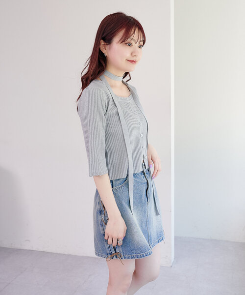 ニット セーター 「WEB先行/2WAY/4色展開」リブニットスクエアレースカーデ レディース WEB先行/2WAY/4色展開】リブニットスクエアレースカーデ（ニット