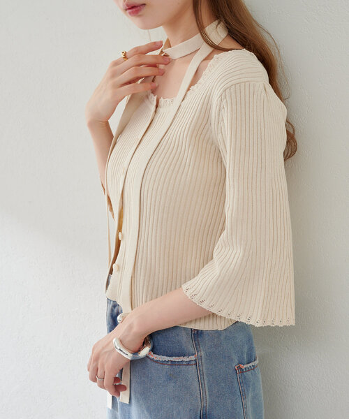 ニット セーター 「WEB先行/2WAY/4色展開」リブニットスクエアレースカーデ レディース WEB先行/2WAY/4色展開】リブニットスクエアレースカーデ（ニット