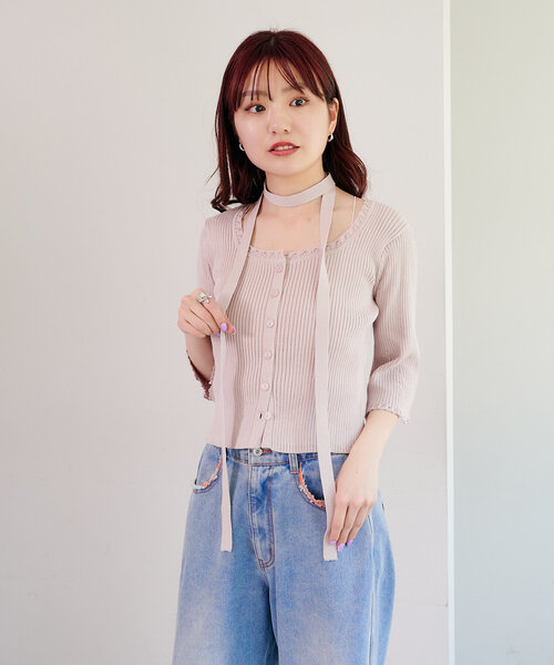 ニット セーター 「WEB先行/2WAY/4色展開」リブニットスクエアレースカーデ レディース WEB先行/2WAY/4色展開】リブニットスクエアレースカーデ（ニット
