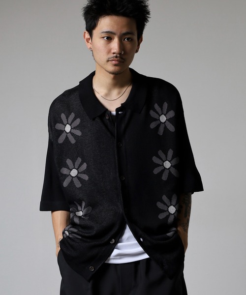 FUNALIVE（ファンアライブ）の「WS select 総柄オーバーサイズ半袖ニットポロシャツ（ポロシャツ・メンズ・ネイビー系2/ブラック系2/ライトグレー系1/ホワイト系2/ホワイト系1/グリーン系2/ライトグレー系2/ブラック系1/ネイビー系1・L/M）」の3枚目の写真