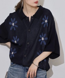 WS select 総柄オーバーサイズ半袖ニットポロシャツ