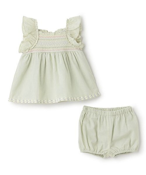 petit main（プティマイン）の「【リンク】シャーリングティアードOPセットアップ（その他ベビーウェア・キッズ・ピンク/ライトカーキ・80ｃｍ/70cm）」の2枚目の写真