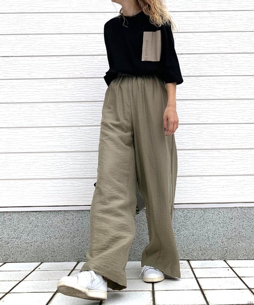 Q（キュー）の「レーヨンスラブワイドパンツ（その他パンツ・レディース・オリーブ/ブラック・MEDIUM）」の13枚目の写真