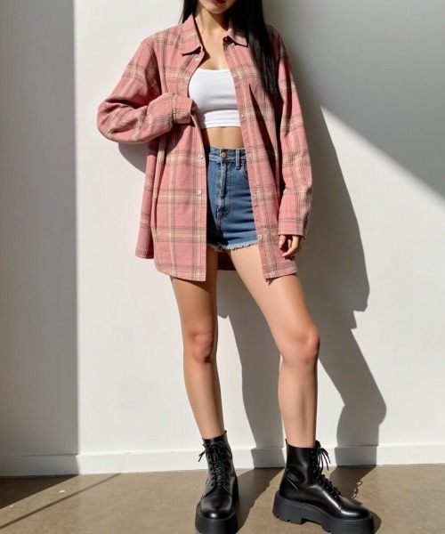 cammie(キャミー)の「格子チェックオーバーサイズシャツ(シャツ/ブラウス・レディース・ブラック/ピンク/ベージュ/ネイビー・M/L)」の15枚目の写真