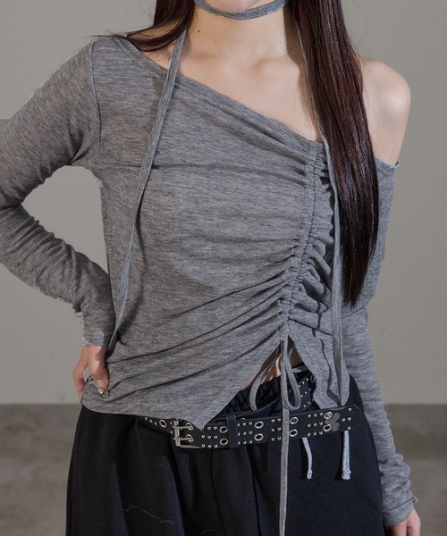 apres jour mignon(アプレジュールミニョン)の「タイ付きドロストオフショルロングトップス(Tシャツ/カットソー・レディース・グレー/チャコールグレー/ブラック・フリー/X-LARGE)」の3枚目の写真
