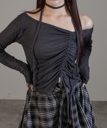 タイ付きドロストオフショルロングトップス