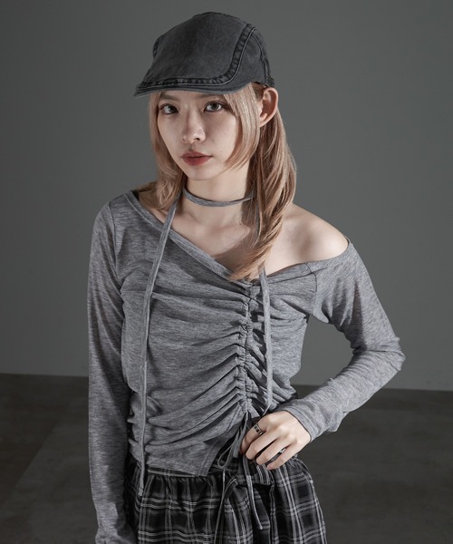 apres jour mignon(アプレジュールミニョン)の「タイ付きドロストオフショルロングトップス(Tシャツ/カットソー・レディース・グレー/チャコールグレー/ブラック・フリー/X-LARGE)」の19枚目の写真