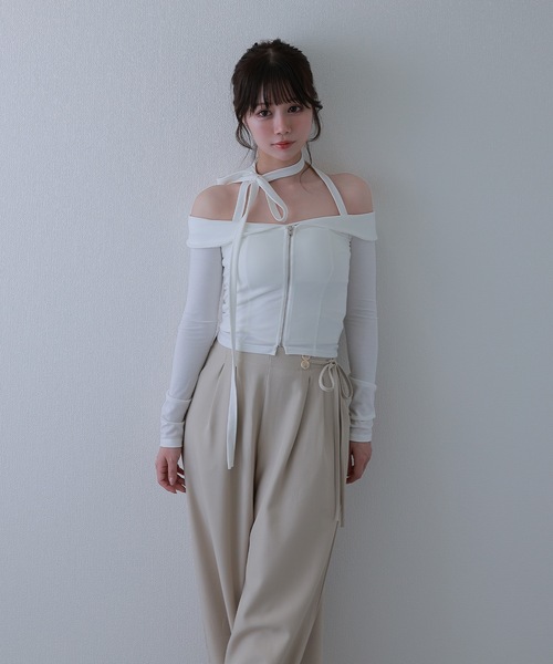 M DOLLY(エムドリー)の「ribbon luminella wide pants / リボンルミネッラワイドパンツ(その他パンツ・レディース・ベージュ/ブラック・S/M)」の9枚目の写真