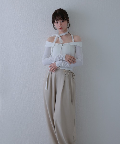 M DOLLY(エムドリー)の「ribbon luminella wide pants / リボンルミネッラワイドパンツ(その他パンツ・レディース・ベージュ/ブラック・S/M)」の12枚目の写真