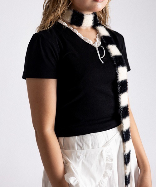 Vini（ヴィニ）の「【Vini】ミックスボーダー ニットマフラー/ロングストール（マフラー・レディース・ブラック/ブルー/グリーン・FREE）」の7枚目の写真