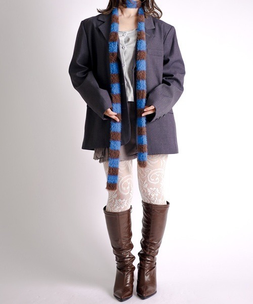 Vini（ヴィニ）の「【Vini】ミックスボーダー ニットマフラー/ロングストール（マフラー・レディース・ブラック/ブルー/グリーン・FREE）」の20枚目の写真