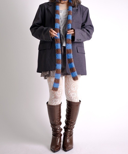 Vini（ヴィニ）の「【Vini】ミックスボーダー ニットマフラー/ロングストール（マフラー・レディース・ブラック/ブルー/グリーン・FREE）」の21枚目の写真
