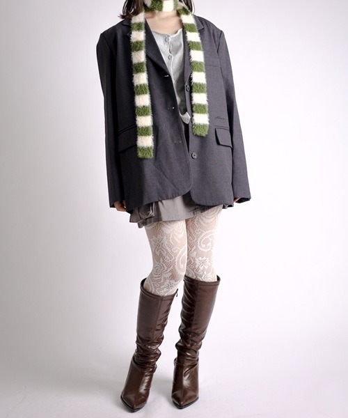 Vini（ヴィニ）の「【Vini】ミックスボーダー ニットマフラー/ロングストール（マフラー・レディース・ブラック/ブルー/グリーン・FREE）」の12枚目の写真