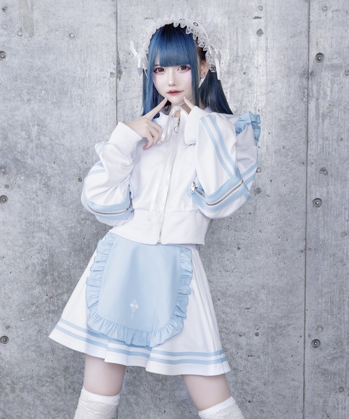 ラインフリル袖ZIPトップス＋エプロンスカートセット（ワンピース