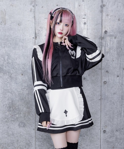 ラインフリル袖ZIPトップス＋エプロンスカートセット（ワンピース