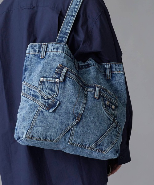 Distressed Finish Chemical Wash Denim Shoulder Bag / ダメージ加工