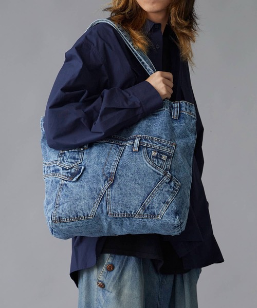 Distressed Finish Chemical Wash Denim Shoulder Bag / ダメージ加工