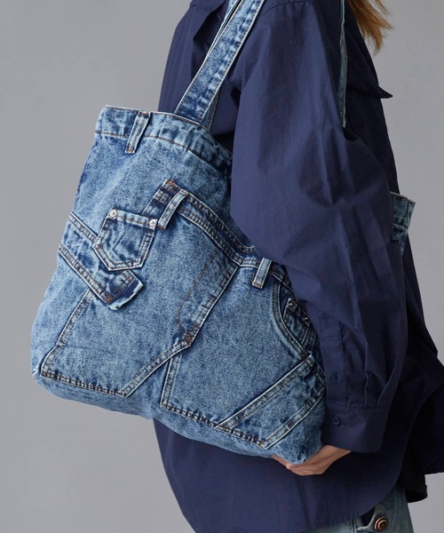 Distressed Finish Chemical Wash Denim Shoulder Bag / ダメージ加工