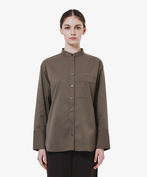 LACOSTE(ラコステ)の「ロングカフススタンドカラーシャツ(シャツ/ブラウス・レディース・ダークブラウン/オフホワイト・40/38/36/34)」の3枚目の写真