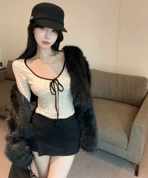 shopnikoniko(ショップニコニコ)の「ドット柄 フロントリボン スリムトップス(Tシャツ/カットソー・レディース・ドット・フリー)」の11枚目の写真