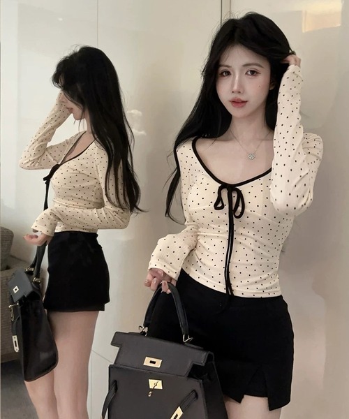 shopnikoniko(ショップニコニコ)の「ドット柄 フロントリボン スリムトップス(Tシャツ/カットソー・レディース・ドット・フリー)」の12枚目の写真