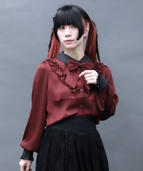 NIBBLE POISON(ニブルポイズン)の「シャドーストライプフリルブラウス(シャツ/ブラウス・レディース・ワイン/ブラック/ホワイト・MEDIUM)」の7枚目の写真