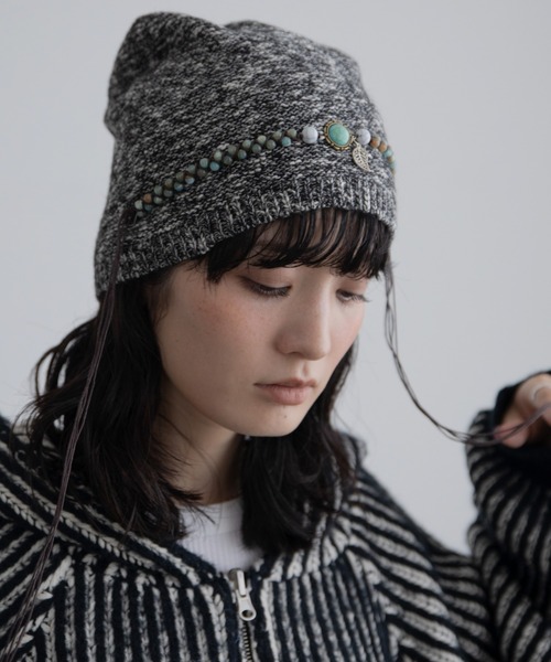 ビーズアクセ付きミックスカラーニットキャップ（ニットキャップ